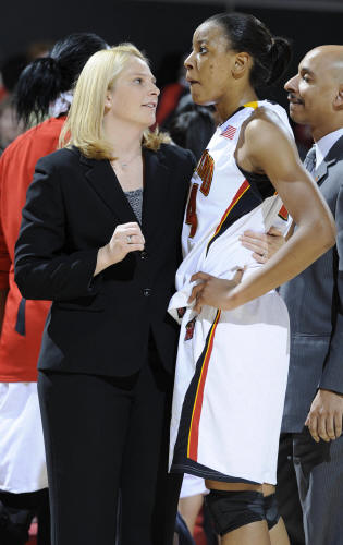  Brenda Frese and Diandra Tchatchouang   © Greg Fiume/Maryland Media Relations 