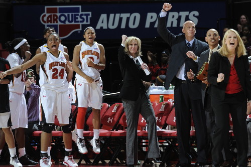  Excitement on the bench for Diandra Tchatchoung, Coach Frese and players  © Greg Fiume/Maryland Media Relations 