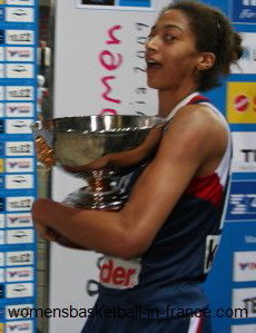 Emméline Ndongue walking away with the European cup © womensbasketball-in-France.com
