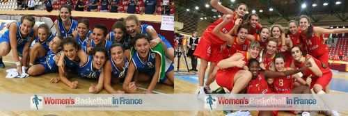  Spain U16 and Italy U16 players celebrating in Miskolc after qualifying for 2012 FIBA  Europe U16 European Championship final © womensbasketball-in-france.com  