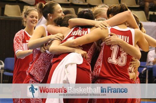 Russia U20 players in the huddle: Karina Nizamova, Ekaterina Fedorenkova, Alina Zamaraeva, Mariya-Margarita Davydova, Anastasia Pasynkova, Galina Kiseleva, Darya Namo, Maria Myasnikova, Ksenia Tikhonenko, Svetlana Efimova, Yulia Poluyanova , Alexandra Stolyar  