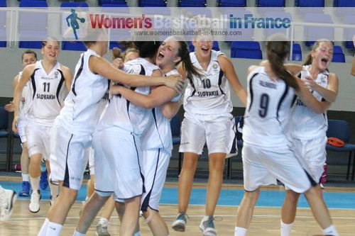 Slovak Republics celebrating after beating Great Britain © womensbasketball-in-france.com  