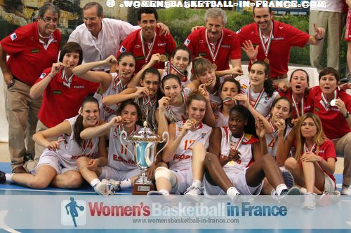  Spain U16 players and staff celebrating in Miskolc after winning 2012 FIBA  Europe U16 European Championship final: © wMaria Cazorla, Medina, Angela Salvadores, Carla Romeu, Nogaye Lo Sylla, Cristina Molinuevo, Laura Quevedo, Laia Clavero, Elena Capella, Itsaso Conde, Laia Flores, Helena Orts, Sara Zaragoza 
omensbasketball-in-france.com  