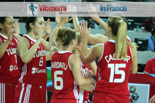 Players from Turkey celebrate victory at Olympic Qualifying Tournament ©  womensbasketball-in-france.com 