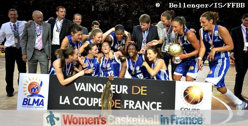 Players from Lattes Montpellier with the Joë Jaunay trophy ©   Bellenger/IS/FFBB    